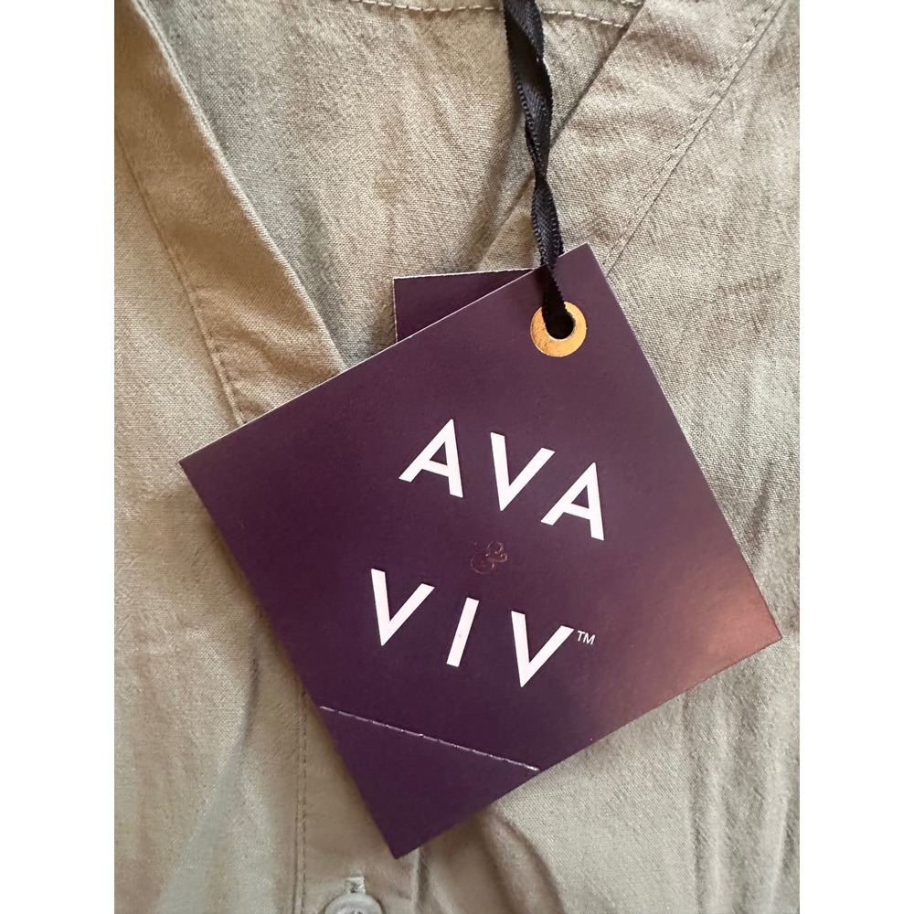 Ava & Viv Women XXL Sage Green Cotton Short Sleeve Button Front Midi Shirt Dress - Picture 3 of 5